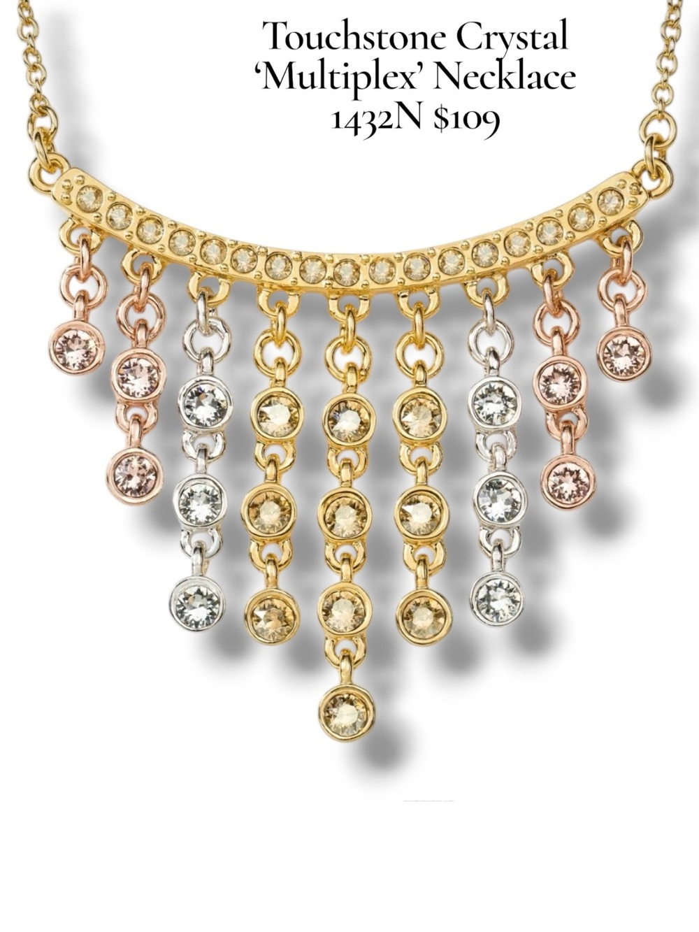 Touchstone Crystal by Swarovski ‘Multiplex’ Fringe Bib Necklace Gold Tri Tone